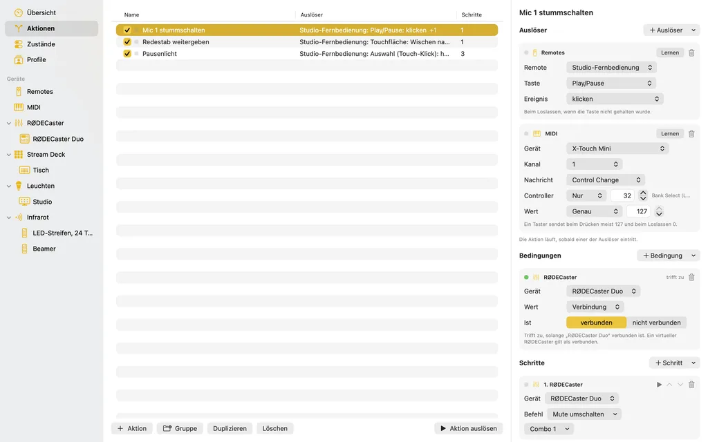 The page “Aktionen” (actions) – the list with three actions on the left, on the right the action “Mic 1 stummschalten” (mute mic 1) with a Siri Remote trigger, a MIDI trigger, a condition and a RØDECaster step