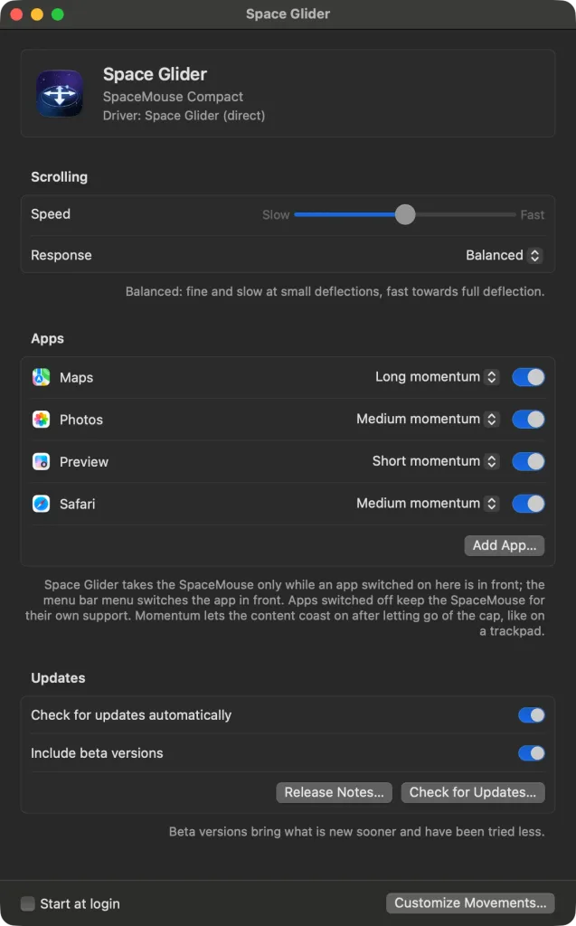 Space Glider's main window – at the top the SpaceMouse Compact with “Driver: Space Glider (direct)”, below the speed and the response “Balanced”, the apps Safari, Maps, Preview and Photos switched on with their momentum, the updates and “Customize Movements…”