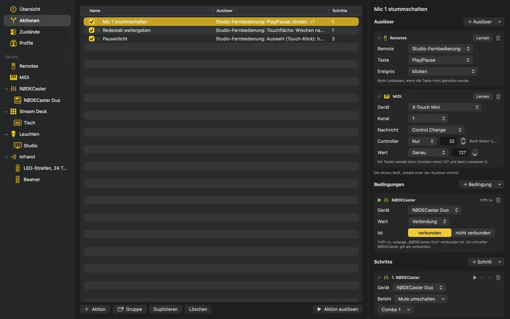 The page “Aktionen” (actions) – the list with three actions on the left, on the right the action “Mic 1 stummschalten” (mute mic 1) with a Siri Remote trigger, a MIDI trigger, a condition and a RØDECaster step