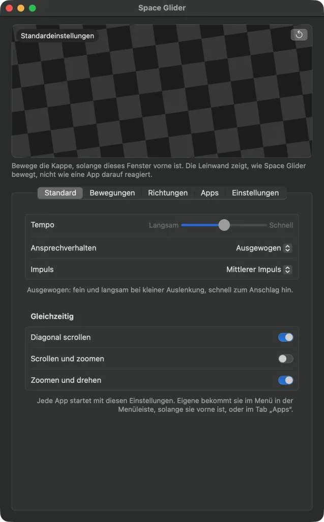 Das Hauptfenster im Tab „Standard“ – oben die gedrehte Leinwand, darunter das Tempo in der Mitte, „Ausgewogen“, „Mittlerer Impuls“; „Diagonal scrollen“ und „Zoomen und drehen“ eingeschaltet, „Scrollen und zoomen“ aus