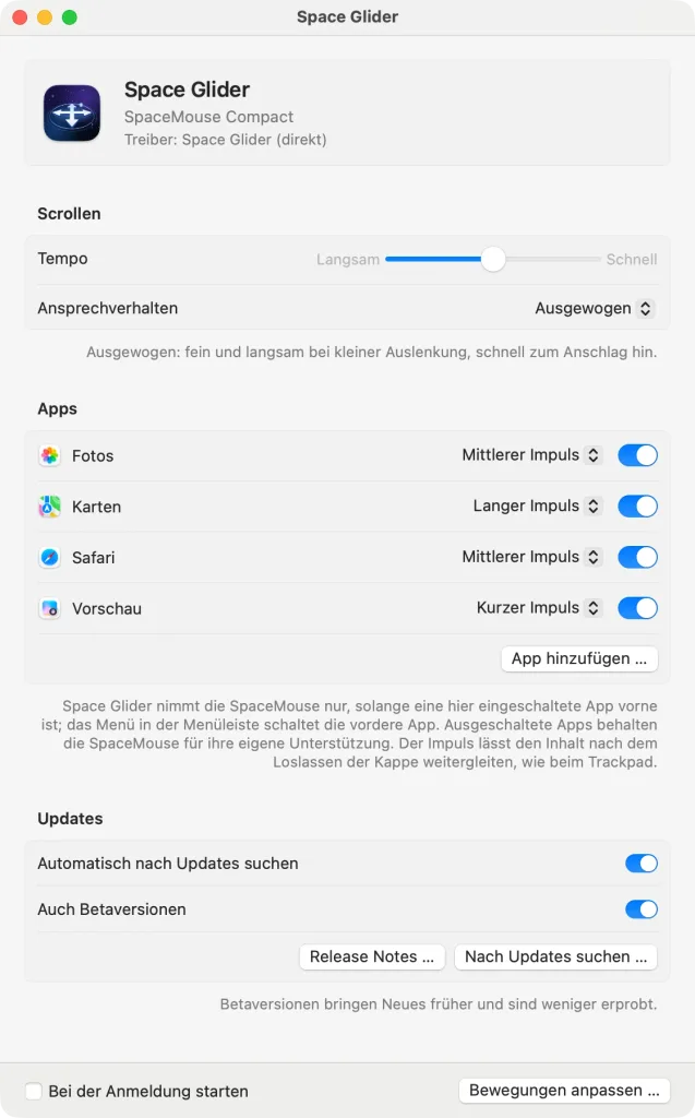 Das Hauptfenster von Space Glider – oben die SpaceMouse Compact mit „Treiber: Space Glider (direkt)“, darunter das Tempo und das Ansprechverhalten „Ausgewogen“, die eingeschalteten Apps Safari, Karten, Vorschau und Fotos mit ihrem Impuls, die Updates und „Bewegungen anpassen …“