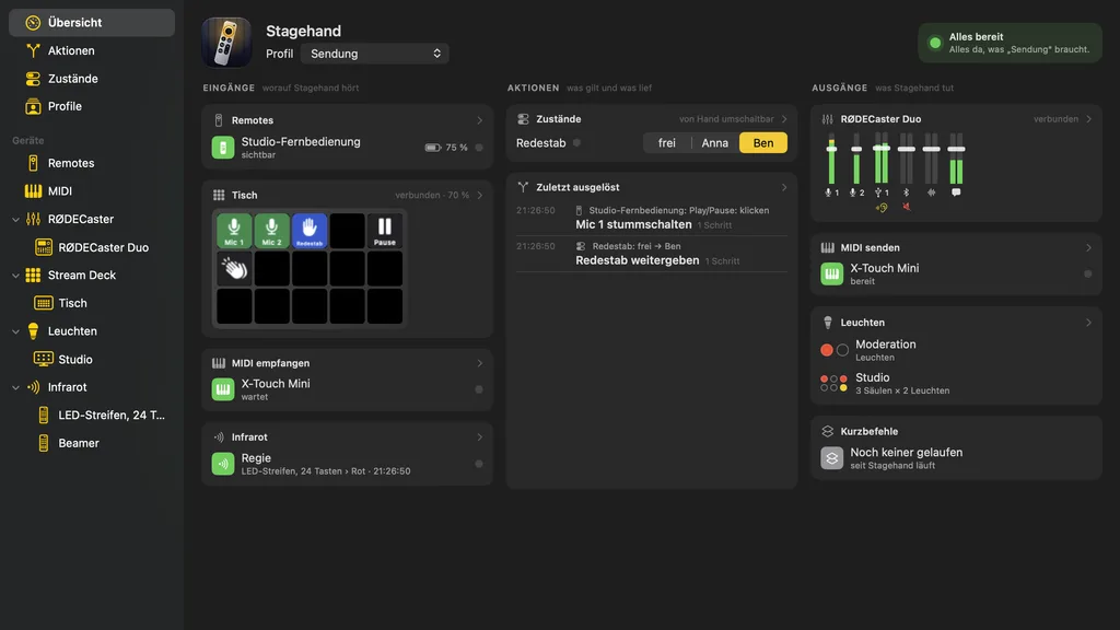 Stagehand's overview – the sidebar on the left, next to it the inputs with a Siri Remote, a Stream Deck, MIDI and infrared, in the middle the state “Redestab” and the actions triggered last, on the right the RØDECaster with its levels, MIDI, the lights and the shortcuts.