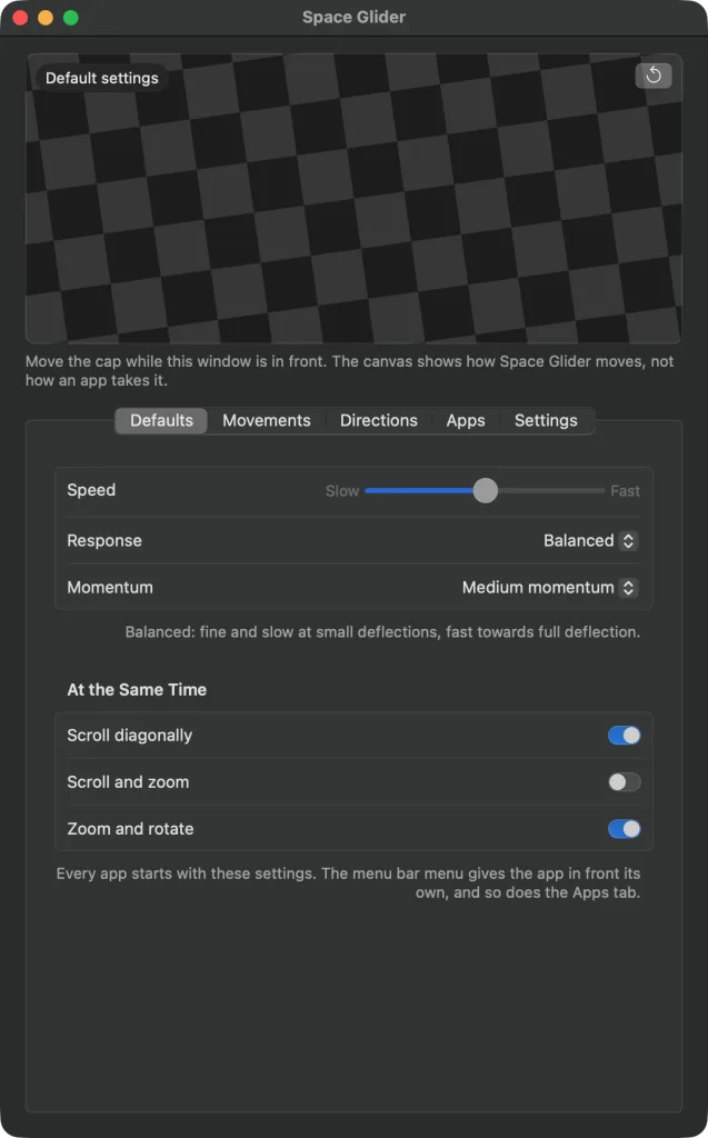 The main window on the “Defaults” tab – at the top the turned canvas, below it the speed in the middle, “Balanced”, “Medium momentum”; “Scroll diagonally” and “Zoom and rotate” switched on, “Scroll and zoom” off