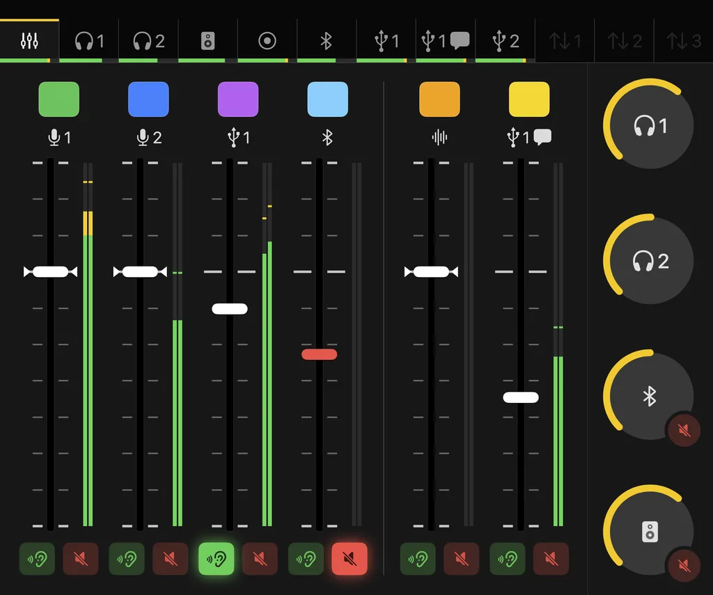 The mixer window of a RØDECaster Duo – six faders with levels, listen and mute, Bluetooth muted, USB 1 listened to, the volume knobs on the right