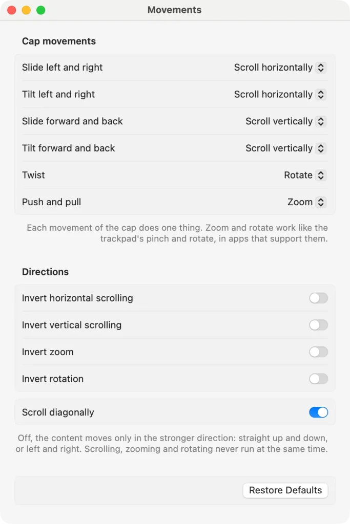 The “Movements” window – sliding and tilting left and right scroll horizontally, forward and back vertically, twisting rotates, pushing and pulling zooms; no direction inverted, “Scroll diagonally” switched on
