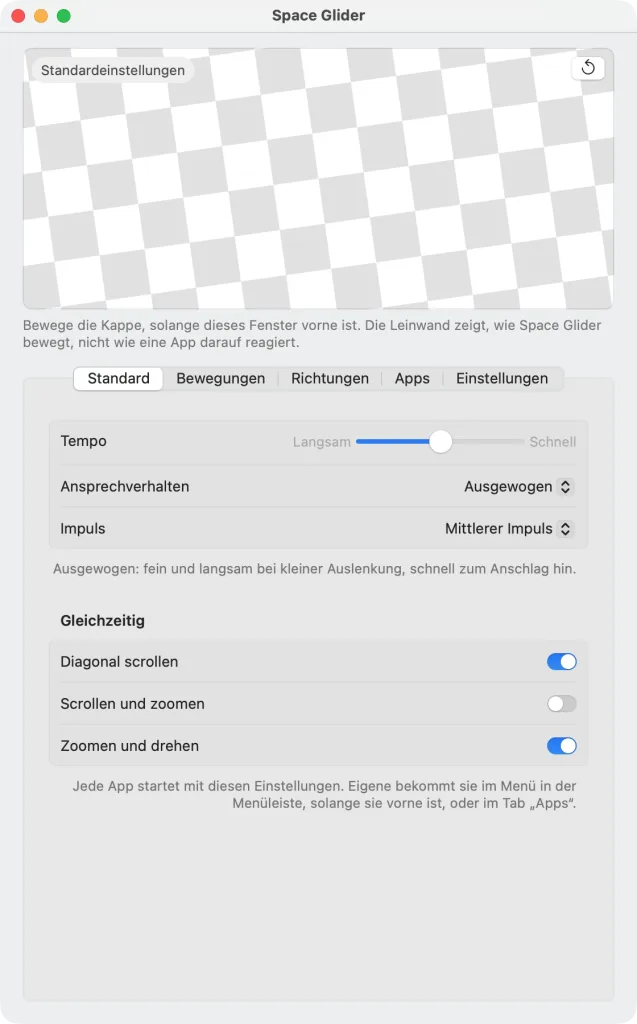 Das Hauptfenster im Tab „Standard“ – oben die gedrehte Leinwand, darunter das Tempo in der Mitte, „Ausgewogen“, „Mittlerer Impuls“; „Diagonal scrollen“ und „Zoomen und drehen“ eingeschaltet, „Scrollen und zoomen“ aus