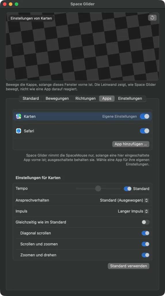 Das Hauptfenster im Tab „Apps“ – Karten und Safari eingeschaltet, Karten gewählt; darunter „Einstellungen für Karten“: das Tempo wie im Standard, „Standard (Ausgewogen)“, „Langer Impuls“, „Scrollen und zoomen“ eingeschaltet
