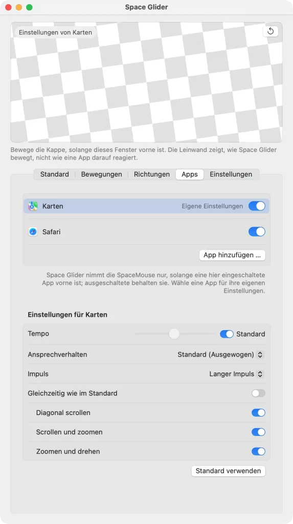 Das Hauptfenster im Tab „Apps“ – Karten und Safari eingeschaltet, Karten gewählt; darunter „Einstellungen für Karten“: das Tempo wie im Standard, „Standard (Ausgewogen)“, „Langer Impuls“, „Scrollen und zoomen“ eingeschaltet