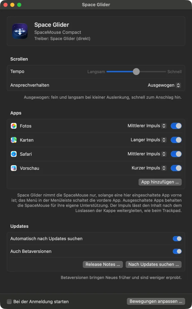 Das Hauptfenster von Space Glider – oben die SpaceMouse Compact mit „Treiber: Space Glider (direkt)“, darunter das Tempo und das Ansprechverhalten „Ausgewogen“, die eingeschalteten Apps Safari, Karten, Vorschau und Fotos mit ihrem Impuls, die Updates und „Bewegungen anpassen …“
