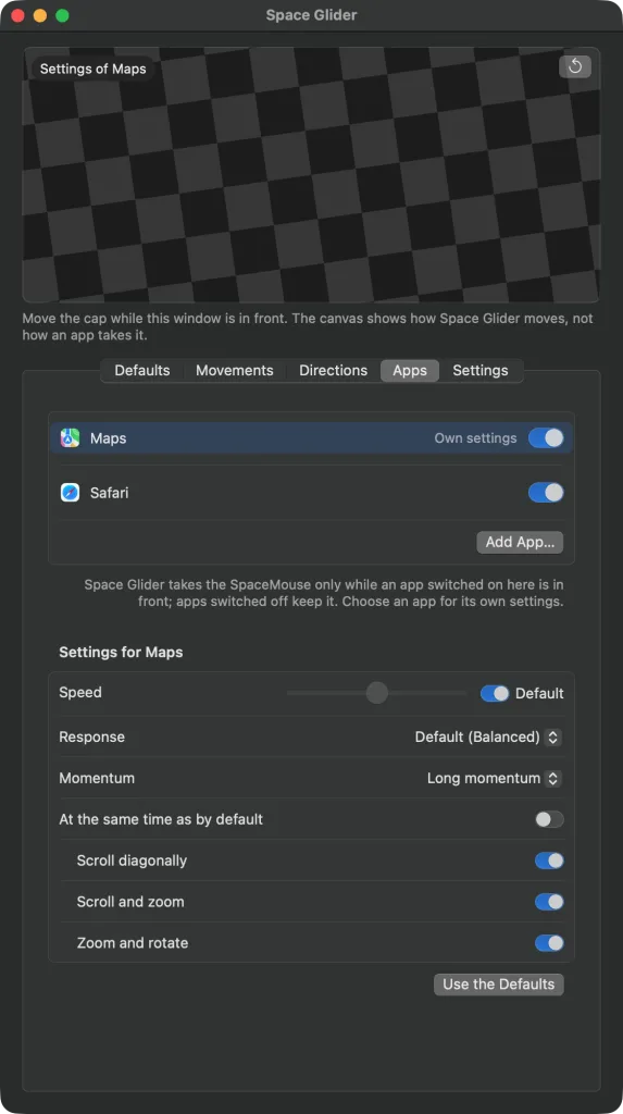 The main window on the “Apps” tab – Maps and Safari switched on, Maps chosen; below it “Settings for Maps”: the speed as by default, “Default (Balanced)”, “Long momentum”, “Scroll and zoom” switched on