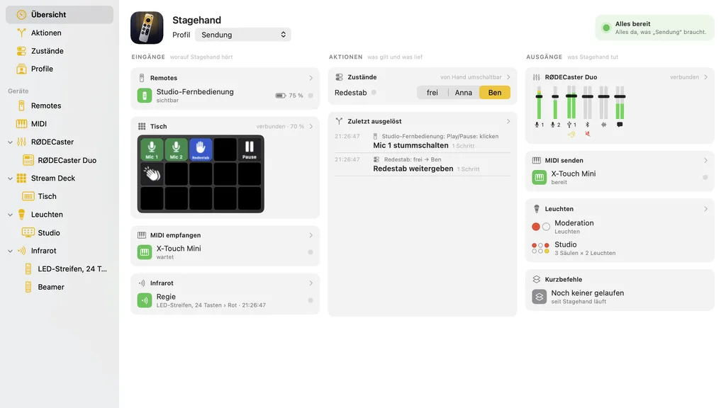 Stagehand's overview – the sidebar on the left, next to it the inputs with a Siri Remote, a Stream Deck, MIDI and infrared, in the middle the state “Redestab” and the actions triggered last, on the right the RØDECaster with its levels, MIDI, the lights and the shortcuts.