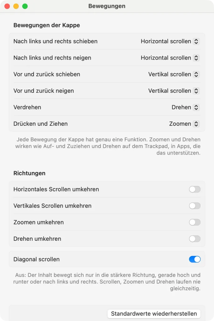 Das Fenster „Bewegungen“ – Schieben und Neigen nach links und rechts scrollen horizontal, vor und zurück vertikal, Verdrehen dreht, Drücken und Ziehen zoomt; keine Richtung umgekehrt, „Diagonal scrollen“ eingeschaltet