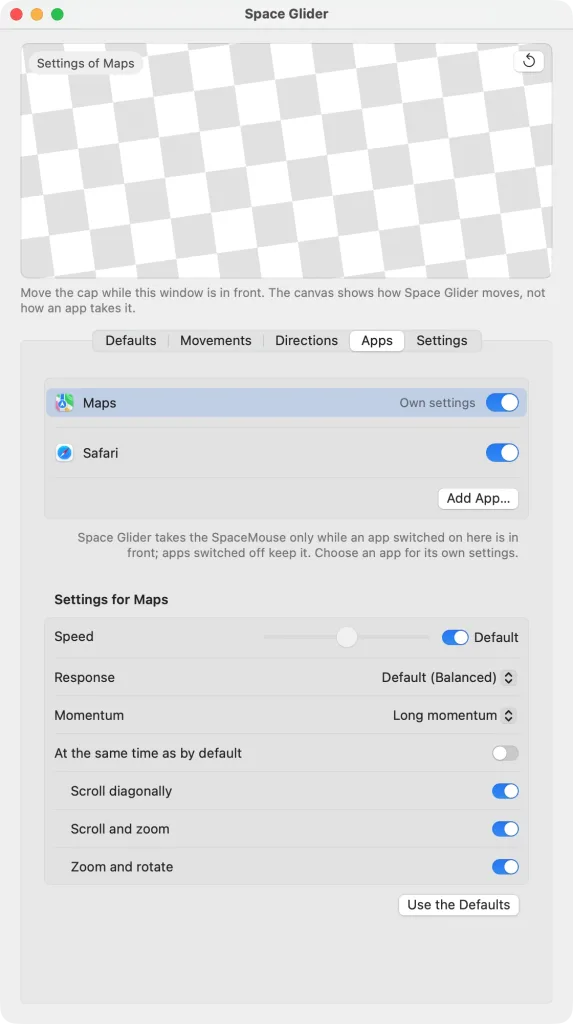 The main window on the “Apps” tab – Maps and Safari switched on, Maps chosen; below it “Settings for Maps”: the speed as by default, “Default (Balanced)”, “Long momentum”, “Scroll and zoom” switched on