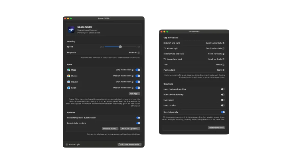 Space Glider's main window with the SpaceMouse Compact, the speed and the apps Safari, Maps, Preview and Photos, next to it the “Movements” window with the function of each movement of the cap.