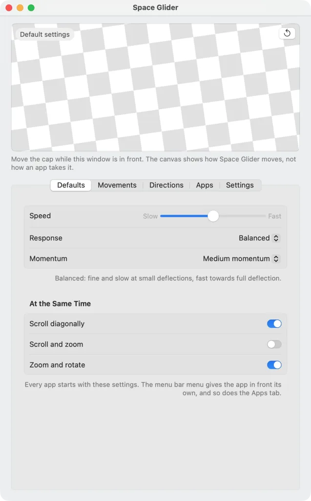The main window on the “Defaults” tab – at the top the turned canvas, below it the speed in the middle, “Balanced”, “Medium momentum”; “Scroll diagonally” and “Zoom and rotate” switched on, “Scroll and zoom” off