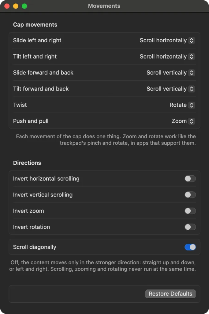The “Movements” window – sliding and tilting left and right scroll horizontally, forward and back vertically, twisting rotates, pushing and pulling zooms; no direction inverted, “Scroll diagonally” switched on