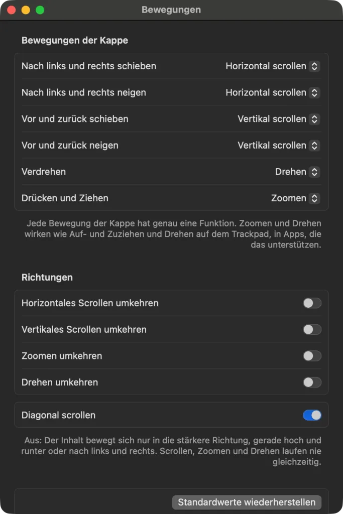 Das Fenster „Bewegungen“ – Schieben und Neigen nach links und rechts scrollen horizontal, vor und zurück vertikal, Verdrehen dreht, Drücken und Ziehen zoomt; keine Richtung umgekehrt, „Diagonal scrollen“ eingeschaltet