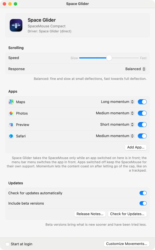 Space Glider's main window – at the top the SpaceMouse Compact with “Driver: Space Glider (direct)”, below the speed and the response “Balanced”, the apps Safari, Maps, Preview and Photos switched on with their momentum, the updates and “Customize Movements…”